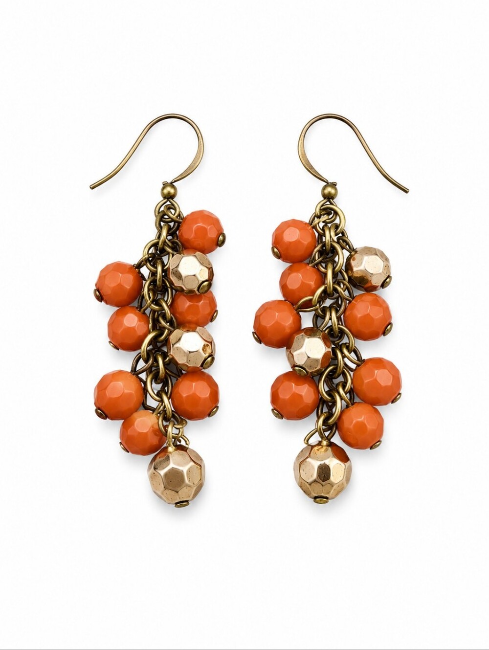 3/$30 HANDMADE Faceted Coral Red Gold Bead Cluster Dangle Hook Earrings